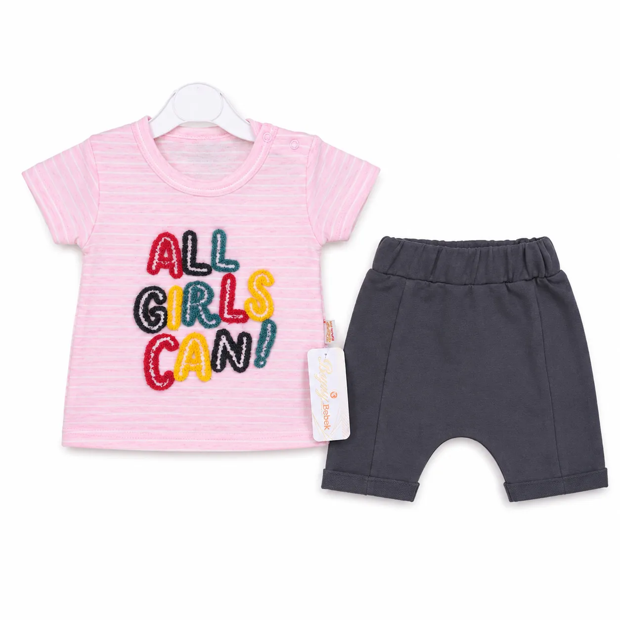 Beyaz Bebek Girls T-Shirt & Shorts Set – "All Girls Can" Print – Short Sleeve – 2 Pieces – gray
