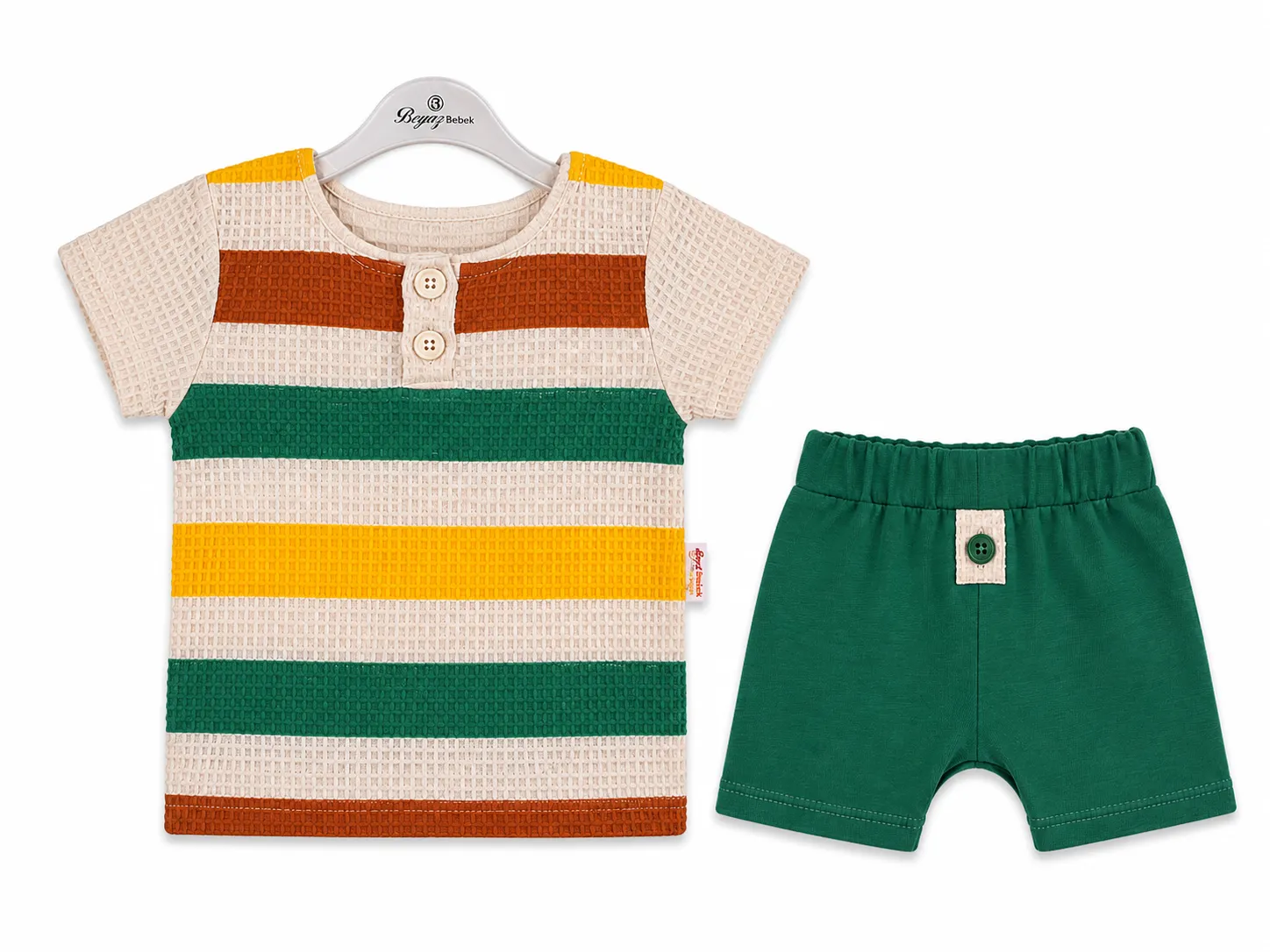 Beyaz Bebek Boys' T-Shirt & Shorts Set – Striped Waffle Fabric – 95% Cotton 5% Elastane – green