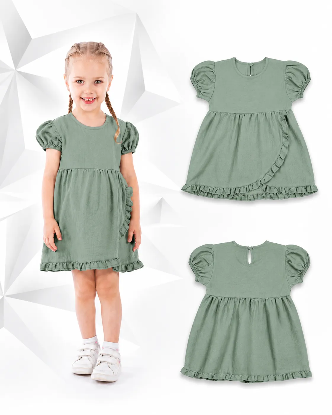 Beyaz Bebek Girls' Ruffle Dress – Short Puff Sleeve – Cotton –Sage Green color option