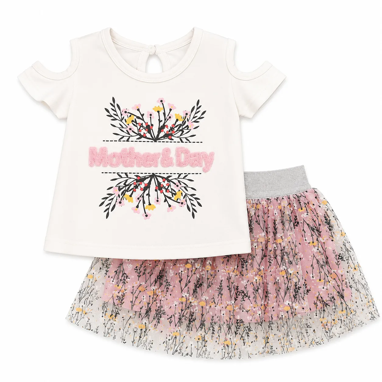 Beyaz Bebek Baby Girls T-Shirt & Skirt Set – Cold Shoulder – Floral Tulle – White color option