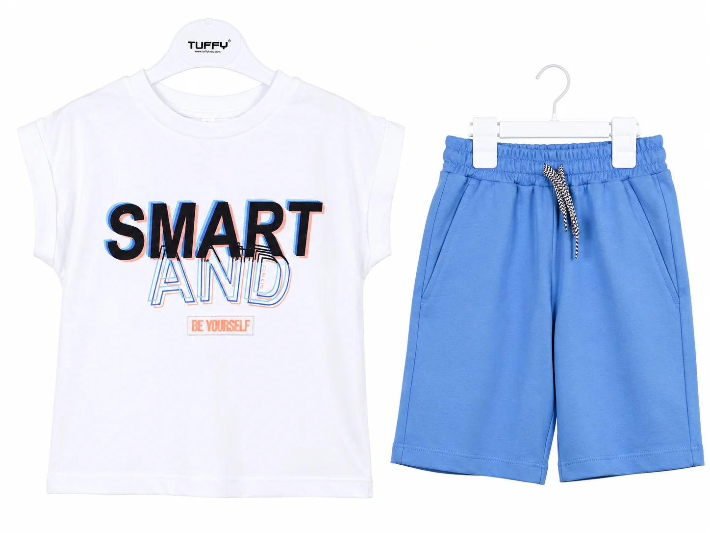 توفی کیدز سێتی کوڕانەی تیشێرت و شۆرت بە چاپی SMART – قۆڵ کورت – 2 پارچە – سپی / شینی ئاسمانی