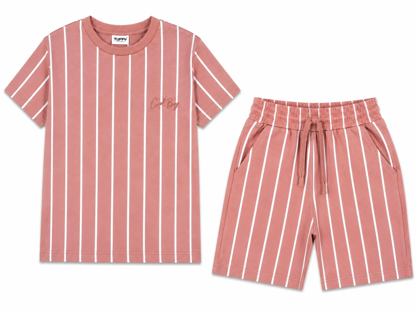 Tuffy Kids Boys Striped T-Shirt & Shorts Set – Cool Boy Embroidery – Short Sleeve – Dusty Rose color option