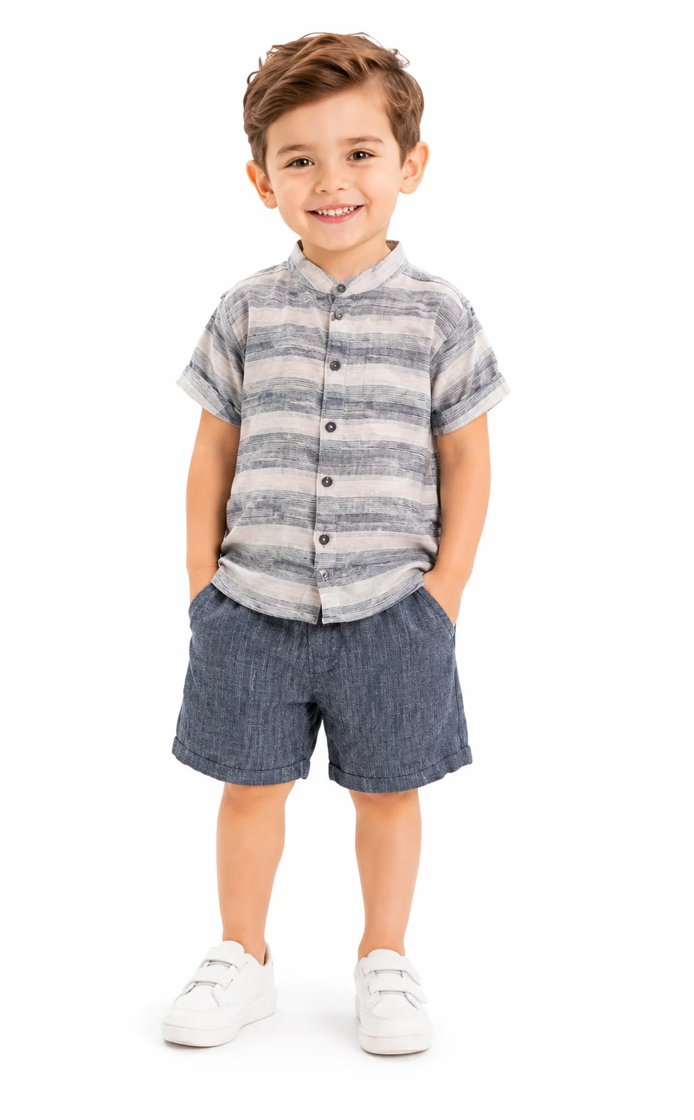 Beyaz Bebek Boys' Short Sleeve Striped Button-Up Shirt & Textured Shorts Set – Grey & Blue color option