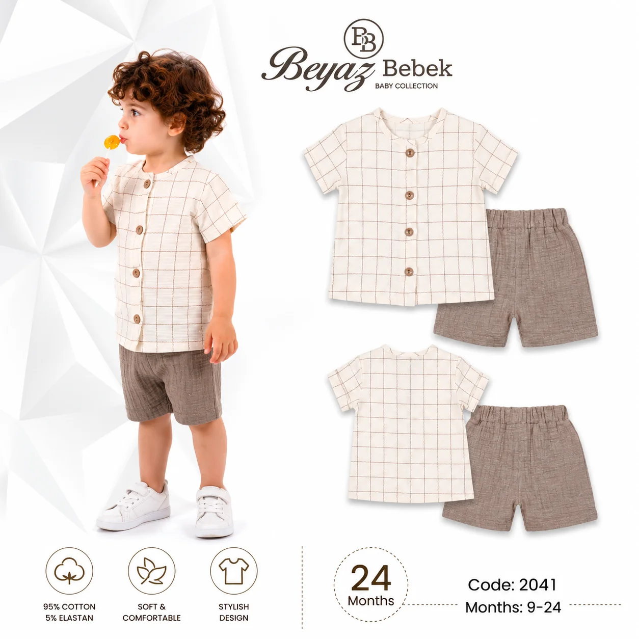 Beyaz Bebek Baby 2-Piece Set with Checkered Shirt & Shorts – Beige/Brown