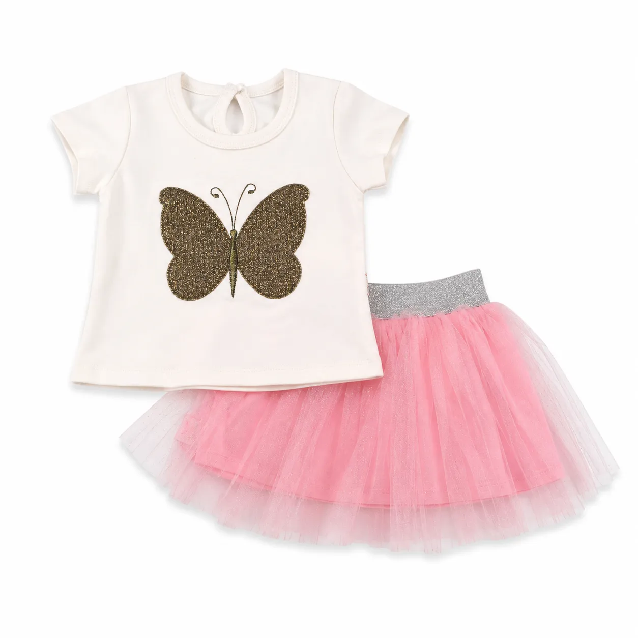 Beyaz Bebek Baby T-Shirt & Tulle Skirt Set Butterfly Print Short Sleeve Pink & White color option