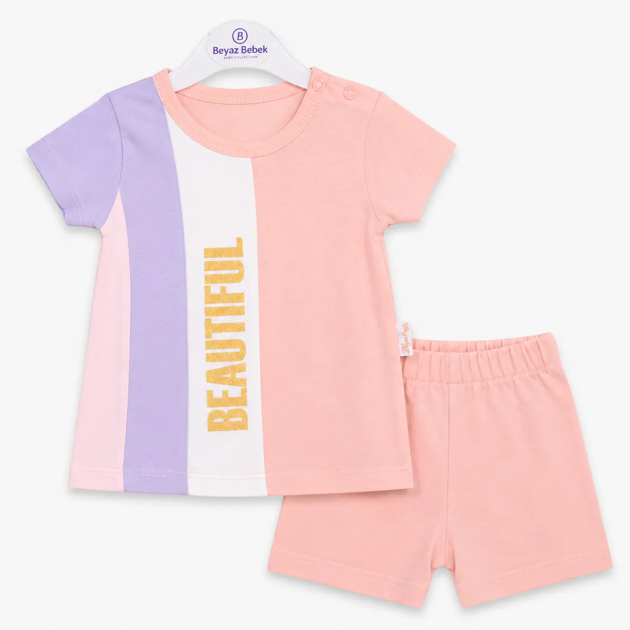 Beyaz Bebek Girls T-Shirt & Shorts Set – Color Block Design – Glitter Print – Pink color option