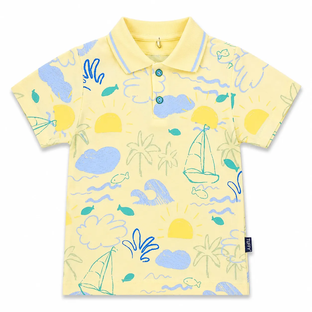 Tuffy Kids Polo T-Shirt - Ocean & Sailboat Print - Short Sleeve Cotton Polo - Light Yellow color option