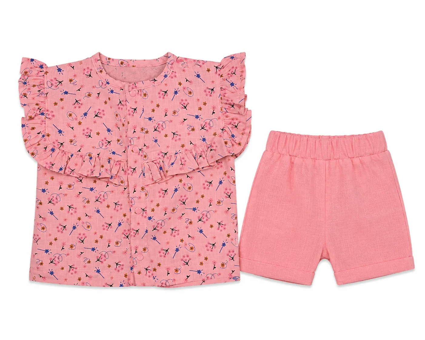 Beyaz Bebek Girls’ Floral Print Blouse & Shorts Set – Ruffle Detail – 2 Pieces – Pink color option