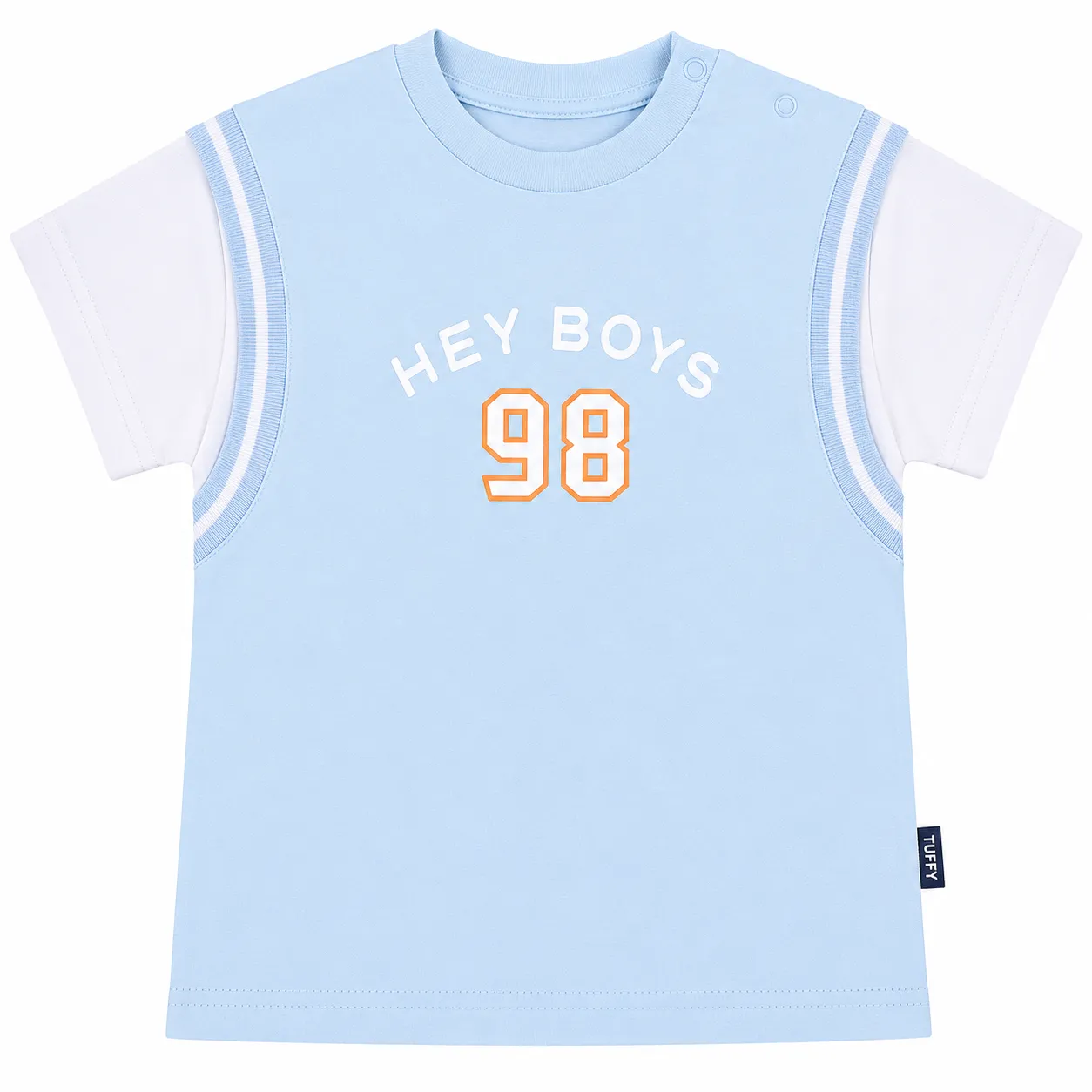 Tuffy Boys T-Shirt – HEY BOYS 98 Print Design – Short Sleeve Cotton – Light Blue & White color option