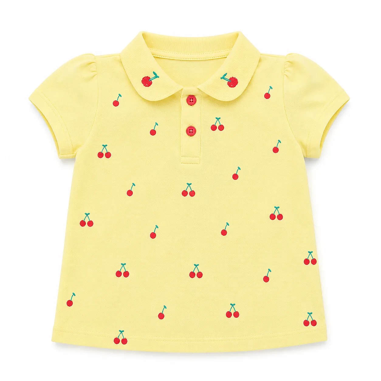 TUFFY Girls Polo T-Shirt – Cherry Print Short Sleeve Cotton Top –Light Yellow