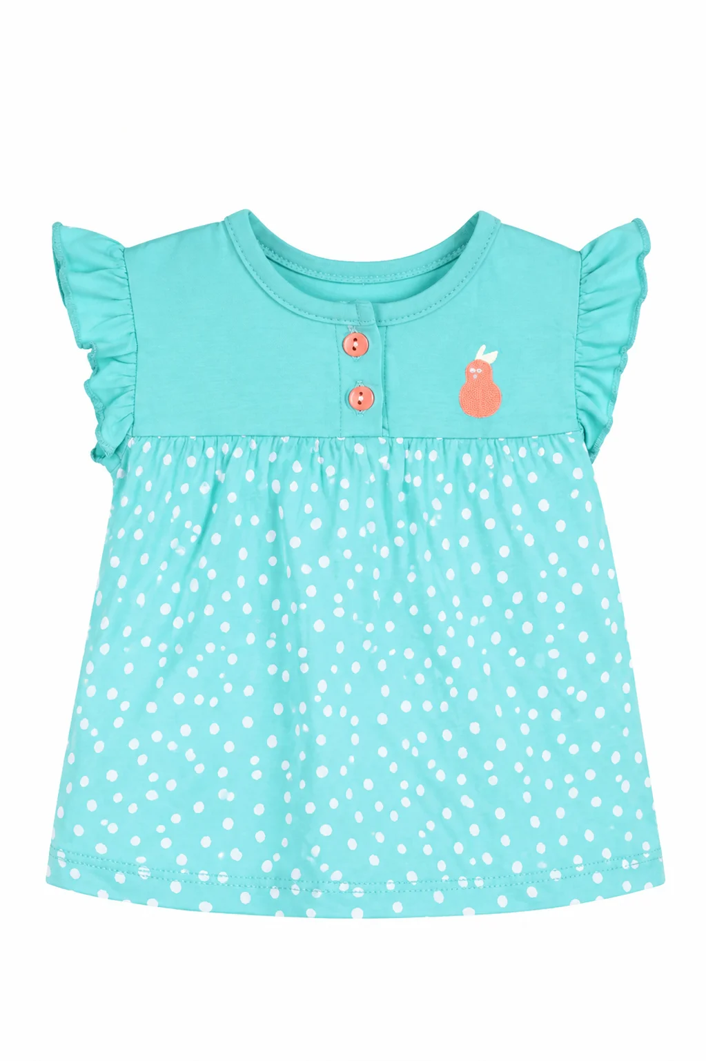 Tuffy Kids Girls Polka Dot Dress – Sleeveless Ruffle Design – Pear Embroidery  – Mint Green color option
