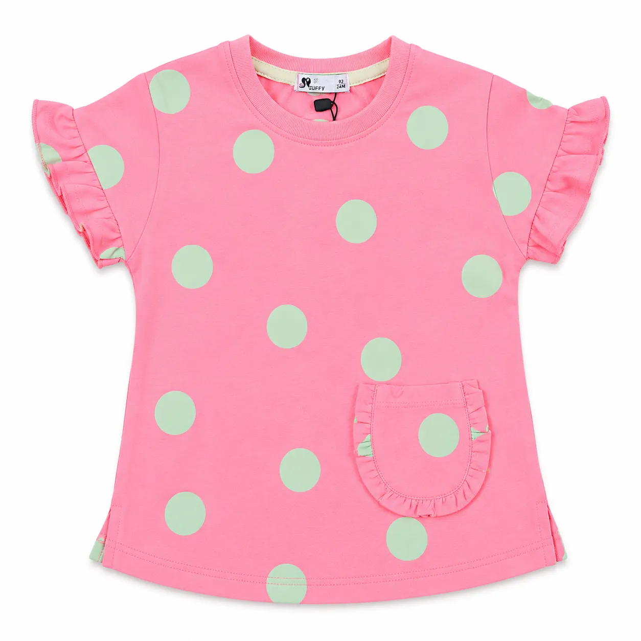 Tuffy Girls Polka Dot T-Shirt – Soft Cotton – Short Sleeve – Pink & Mint Green color option