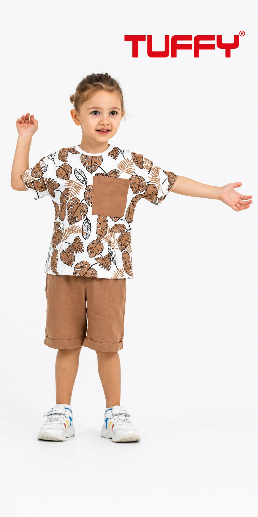 Tuffy Kids Boys Leaf Print T-Shirt & Shorts Set - Brown / White color option