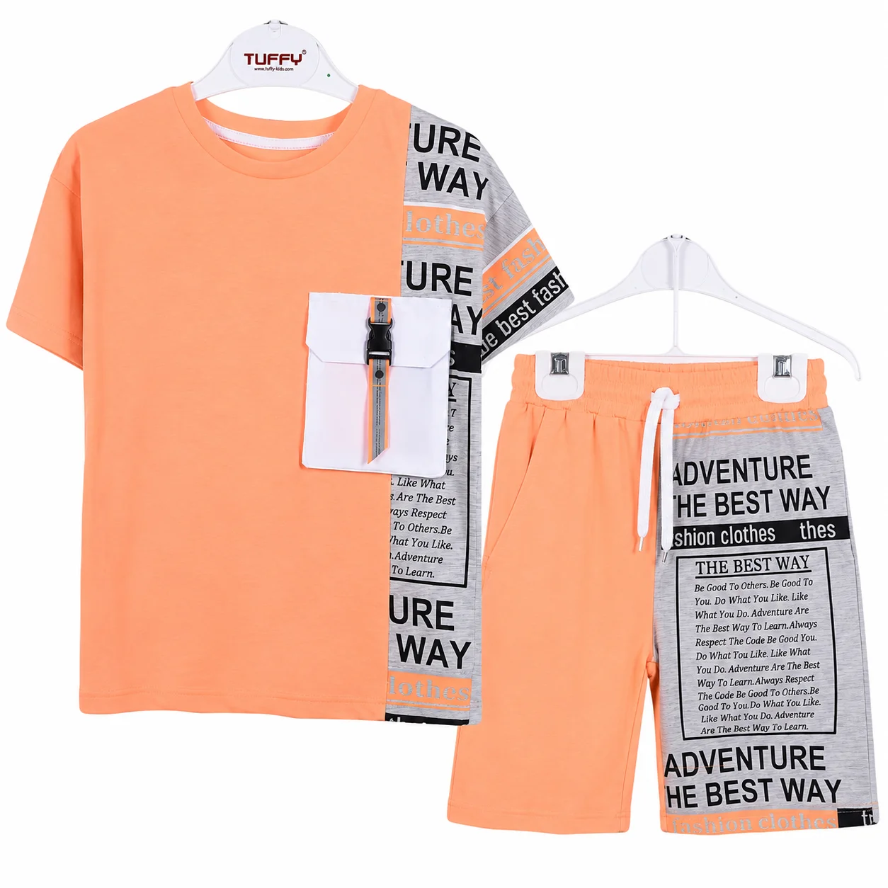 Tuffy Kids Boys T-Shirt & Shorts Set – Adventure Print – Pocket –Peach/Grey color option