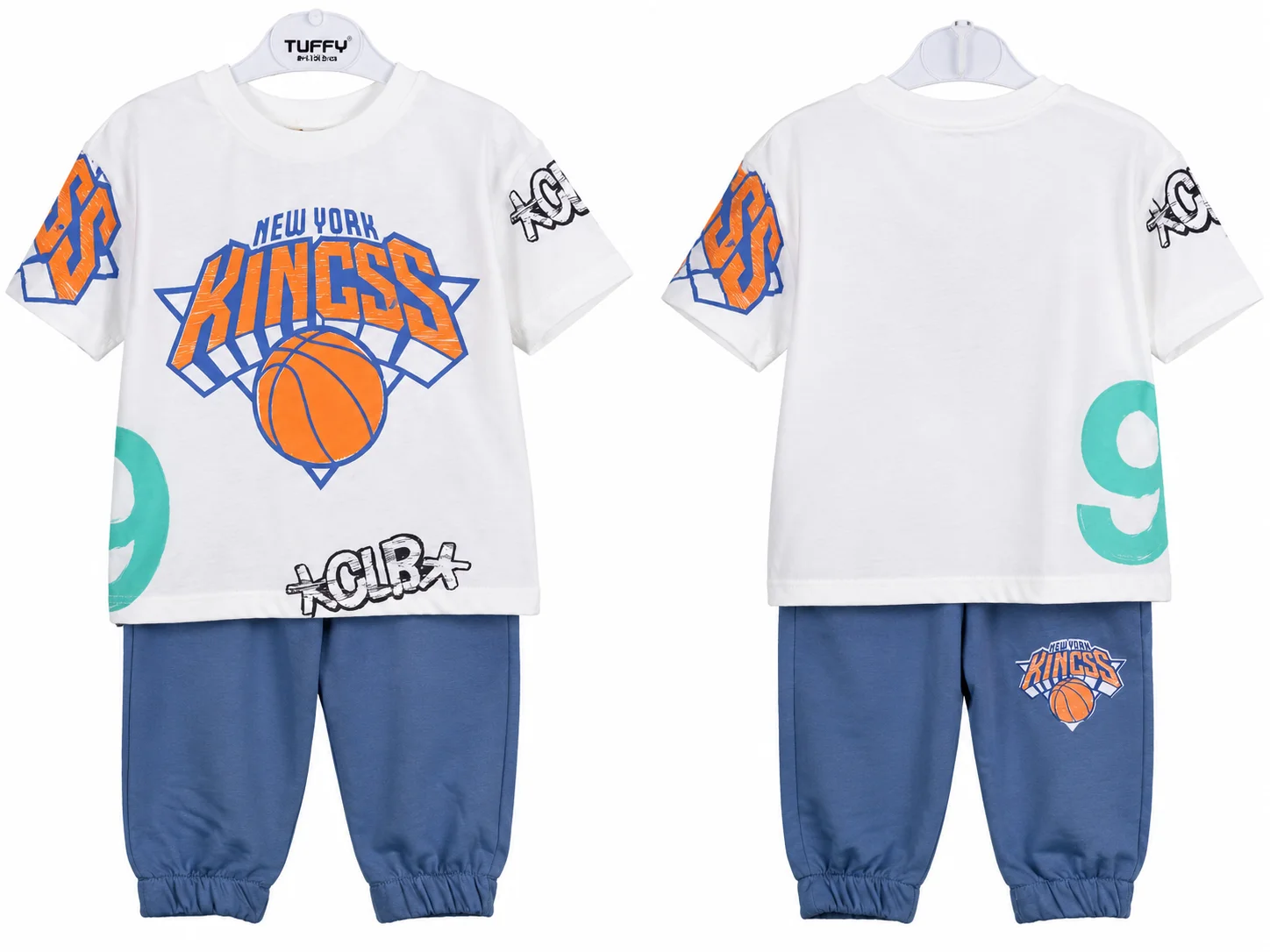 Tuffy Kids Boys Sports Set – New York Kings Print T-Shirt & Jogger Pants – 2 Pieces – White/Blue color option