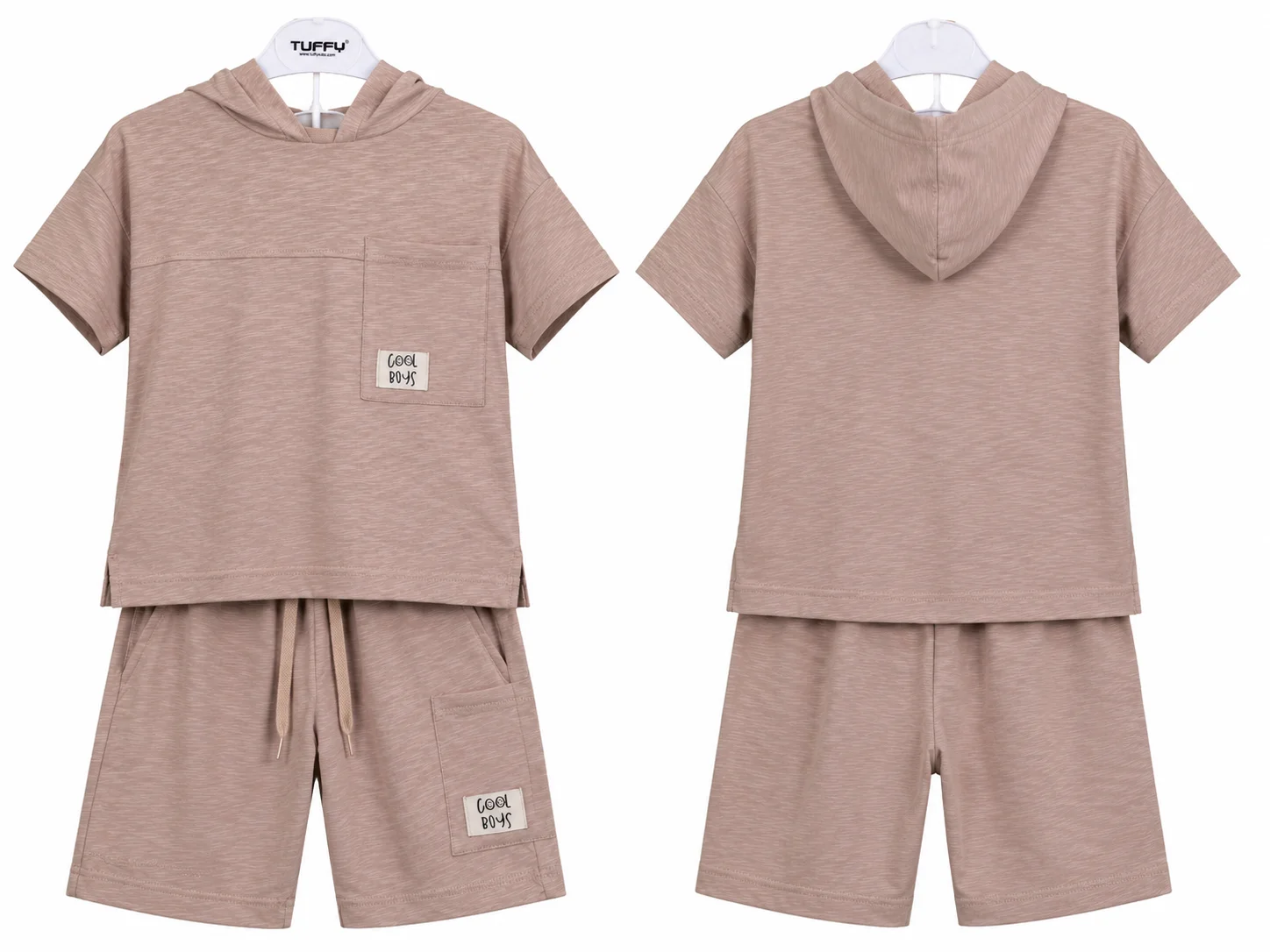 Tuffy Kids Boys Hooded T-Shirt & Shorts Set – Cool Boys Pocket Design –brown – 2 Pieces