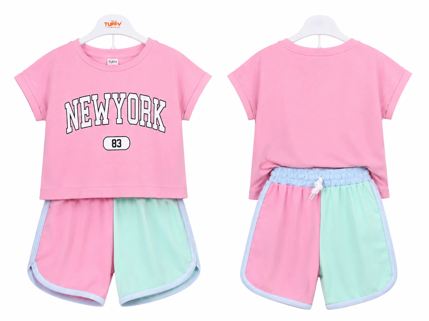 Tuffy Kids Girls T-Shirt & Shorts Set – New York 83 Print – Pink & Mint Green