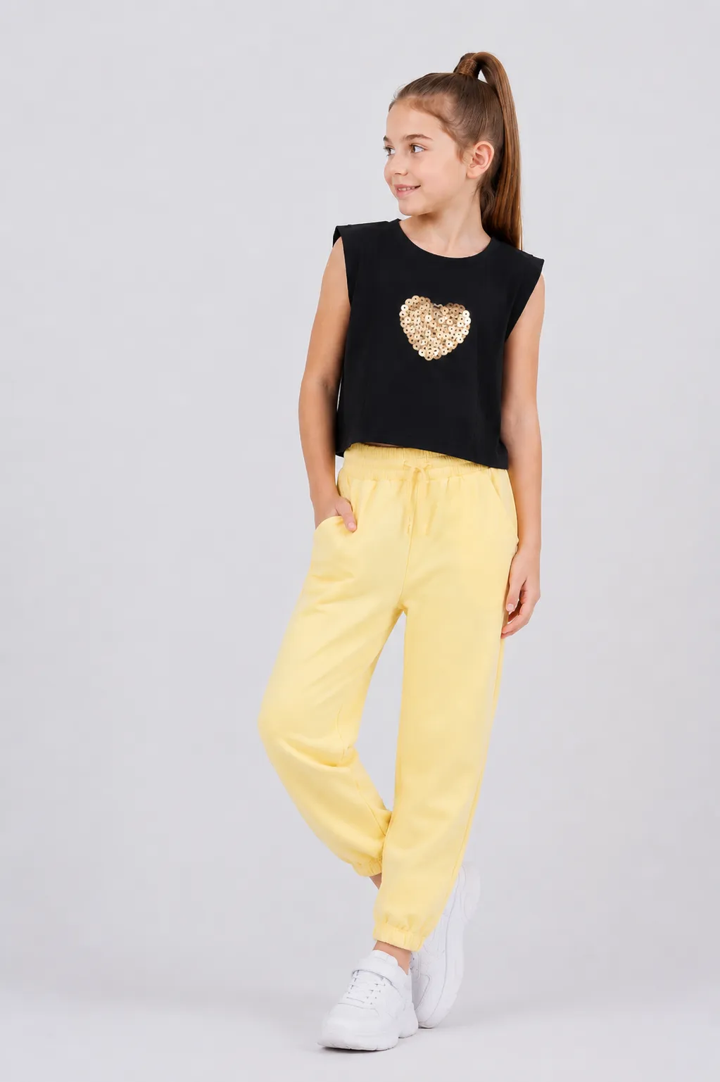 Tuffy Girls Sleeveless Top & Jogger Pants Set – Sequin Heart Design – Black & Yellow – 2 Pieces