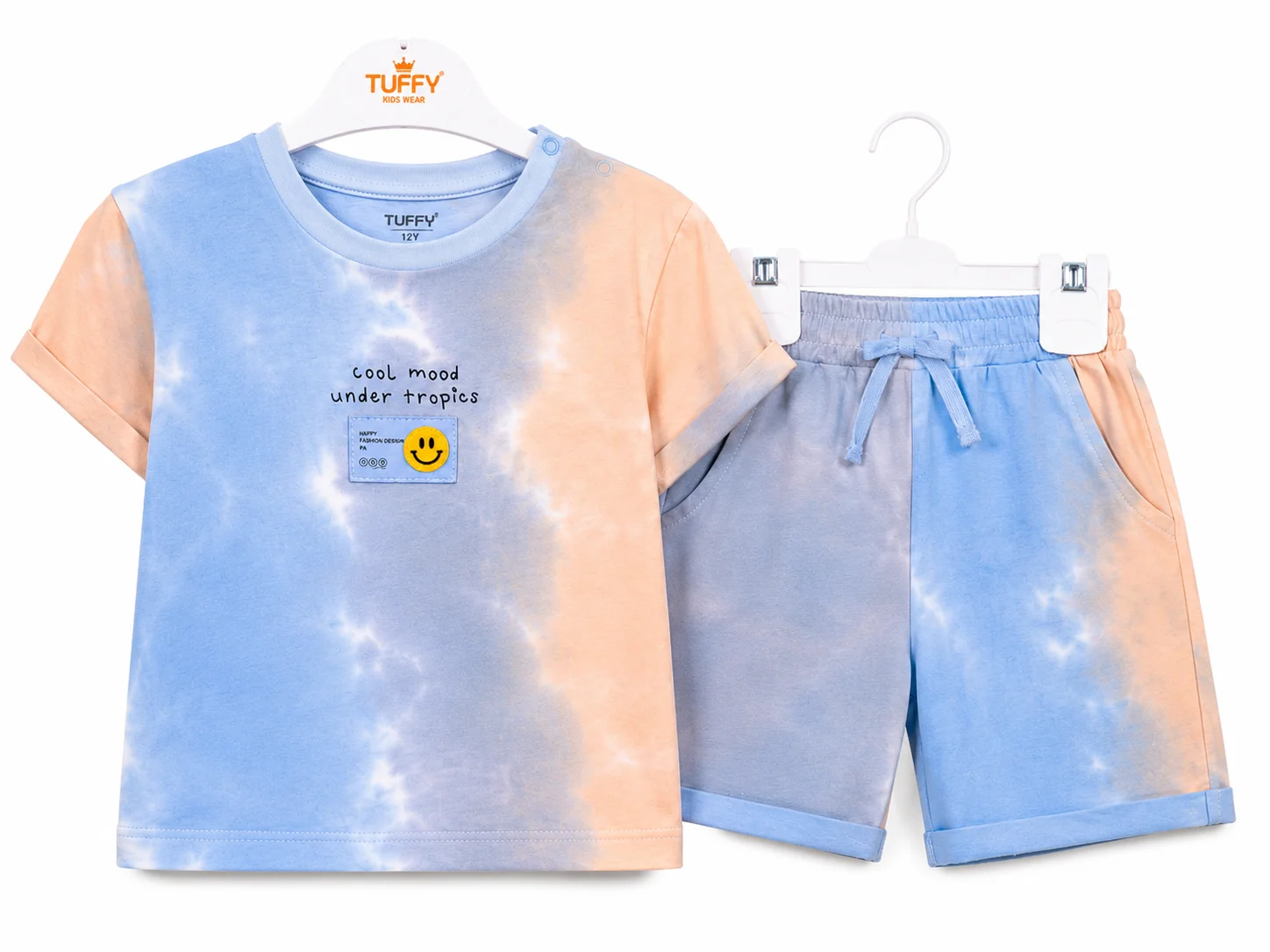 Tuffy Kids Boys T-Shirt & Shorts Set – Tie-Dye Pattern – Light Blue & Peach