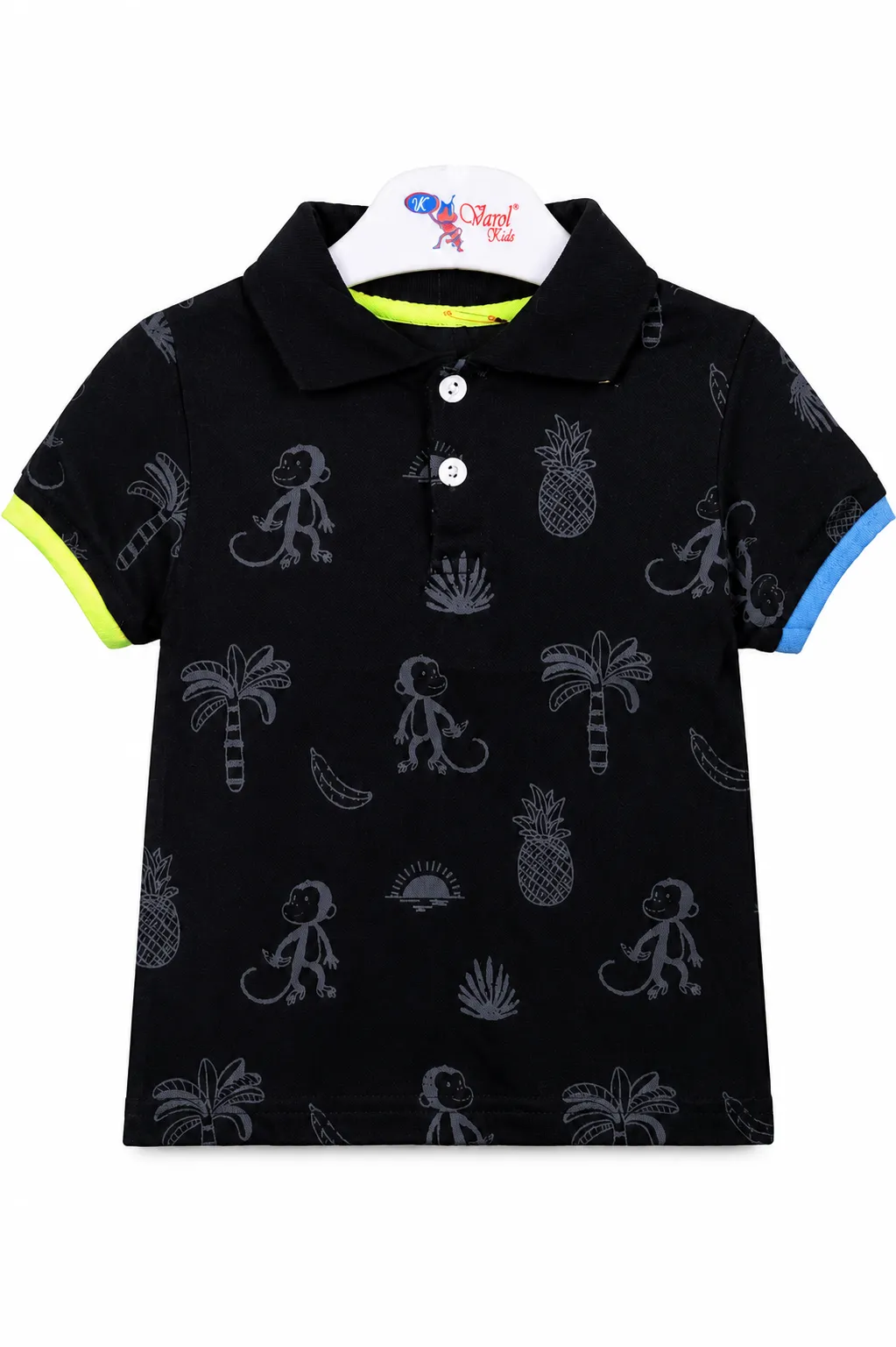 Tuffy Kids Boys Polo T-Shirt – Monkey & Tropical Print – Short Sleeve – Black
