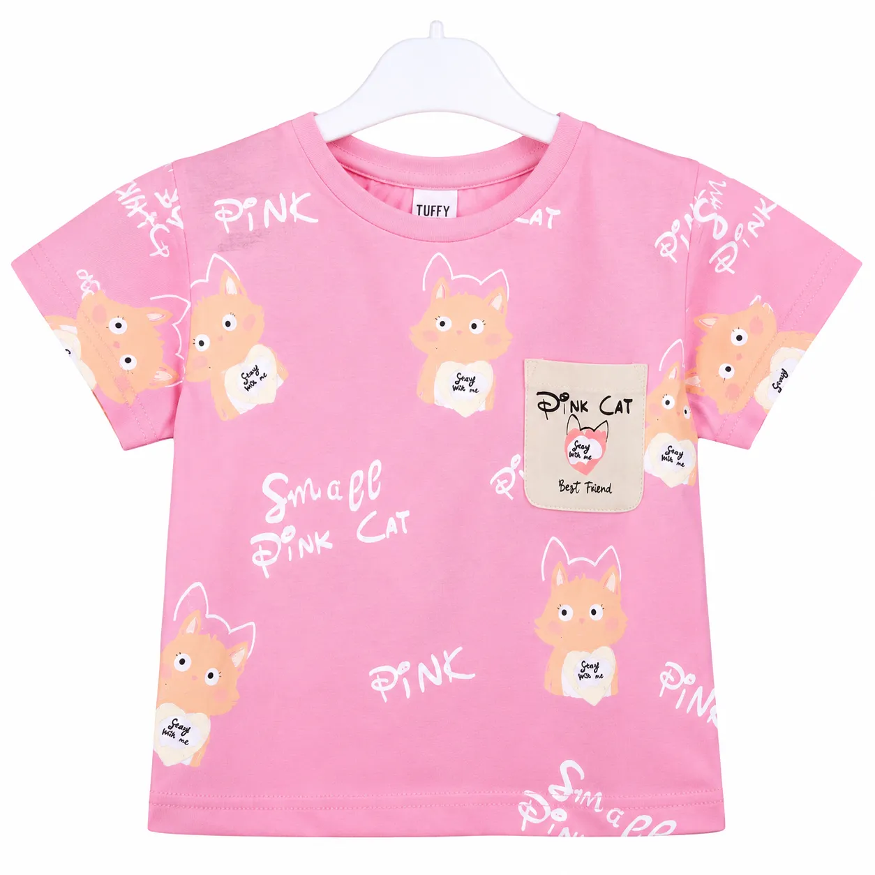 Tuffy Kids Girls Printed T-Shirt – Cat Pocket Design – Short Sleeve – pink