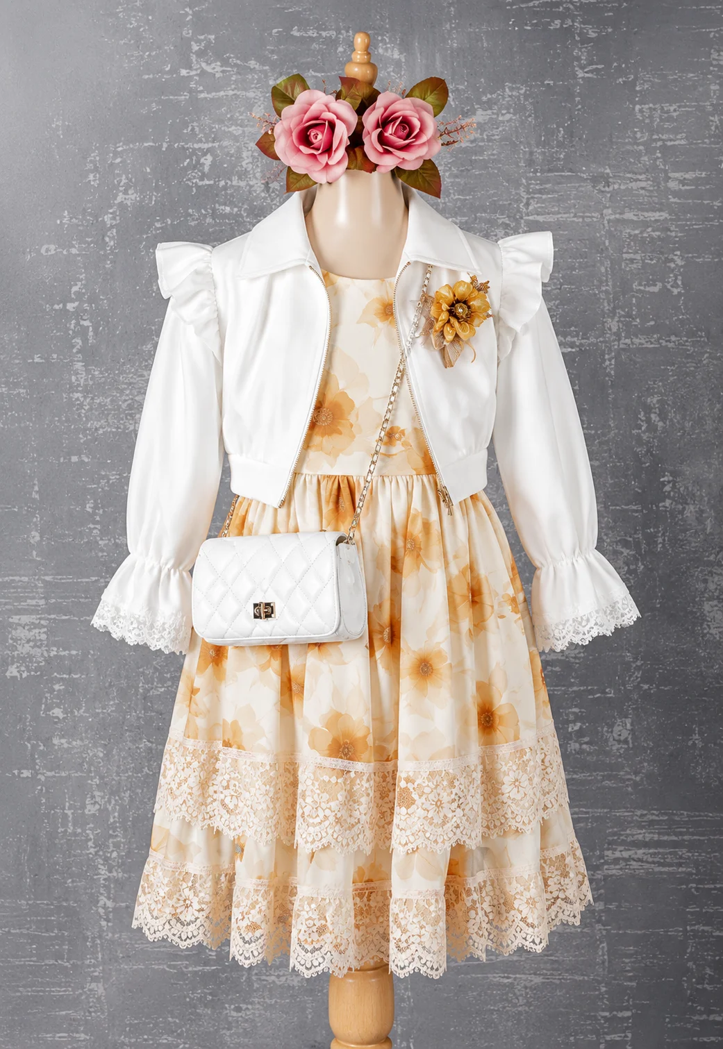 Tivido Girls Tie-Dye Print Dress with Lace Jacket & Matching Crossbody Bag – 3 Pieces – White / Mustard color option