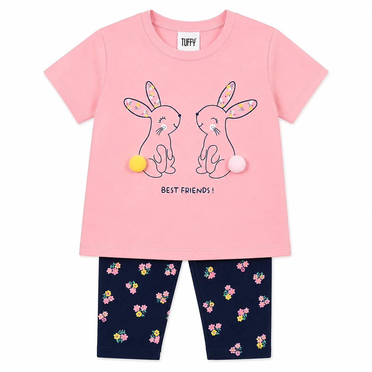 Tuffy Kids Girls Bunny Print T-Shirt & Floral Leggings Set – Short Sleeve – 2 Pieces –pink & black