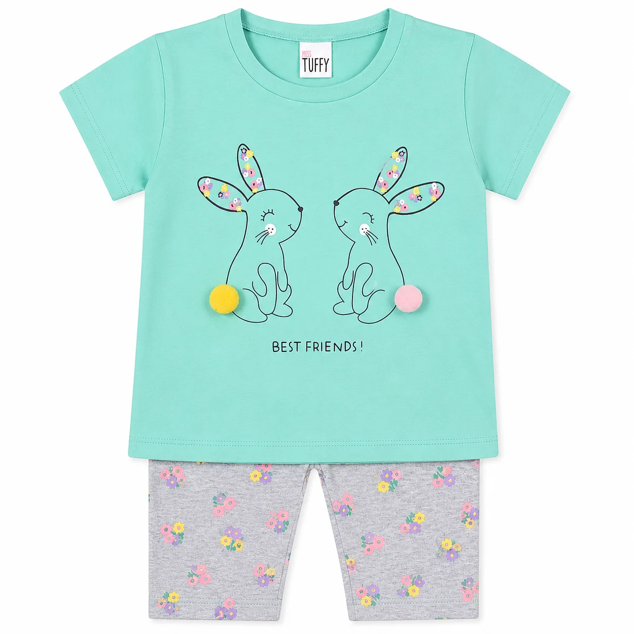 Tuffy Kids Girls Bunny Print T-Shirt & Floral Leggings Set – Short Sleeve – 2 Pieces – Mint Green & Grey color option