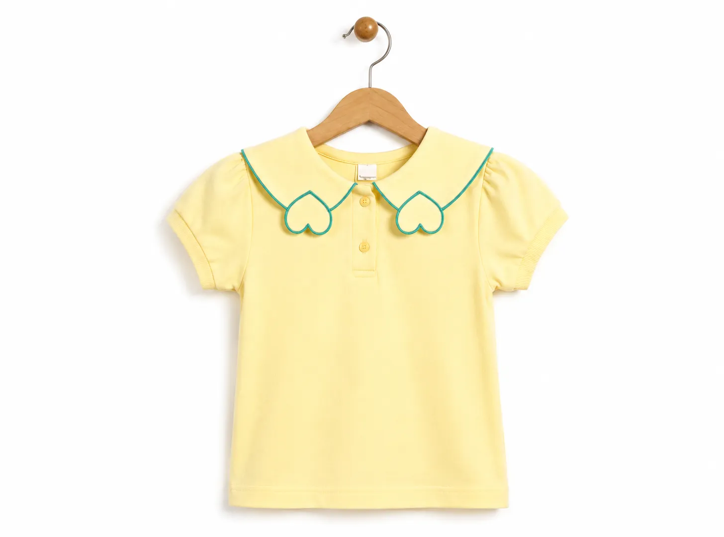 Tuffy Kids Girls Peter Pan Collar Short Sleeve Polo T-Shirt – Heart Embroidered Collar – Light Yellow