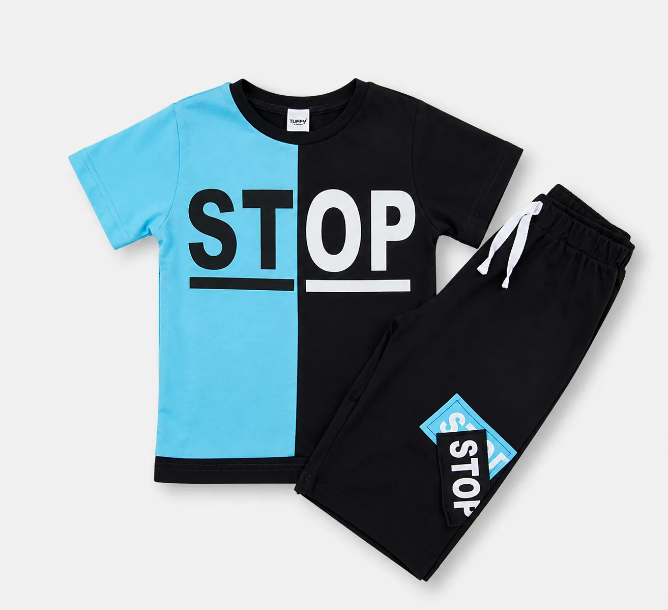 Tuffy Kids Boys Summer T-Shirt & Shorts Set – STOP Print – Two-Tone Blue & Black