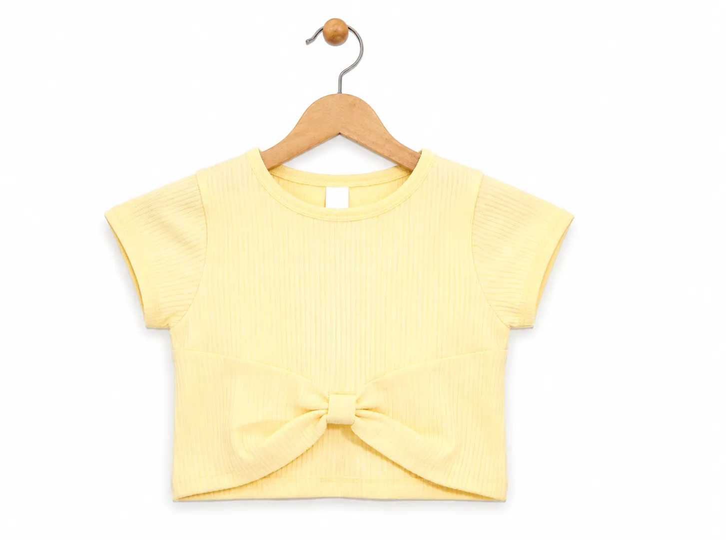 Tuffy Kids Girls Ribbed Crop Top with Front Bow – Short Sleeve – Light Yellow color option