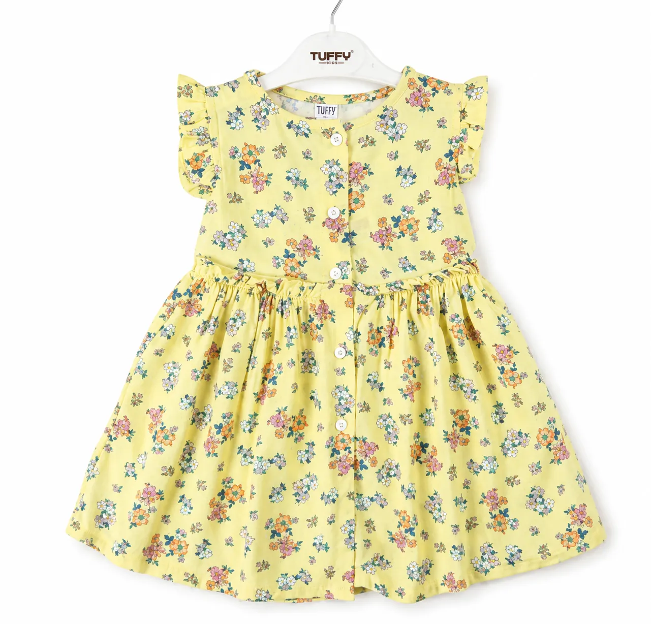Tuffy Kids Girls Floral Dress – Short Flutter Sleeves – Button Front – Yellow color option