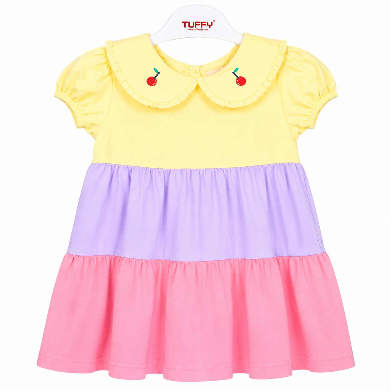 Tuffy Kids Girls Color Block Dress – Peter Pan Collar – Short Puff Sleeves –Yellow, Lavender & Pink color option