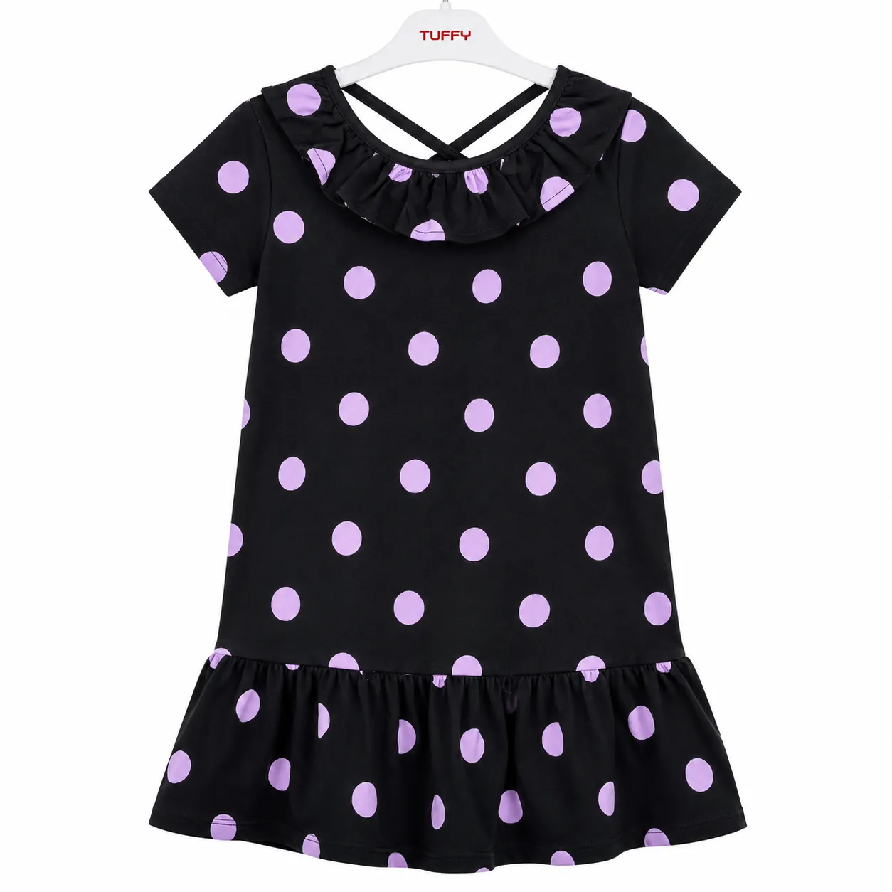 Tuffy Girl Dress – Polka Dot Ruffle Neck Design – Short Sleeve - Black & Lavender color option