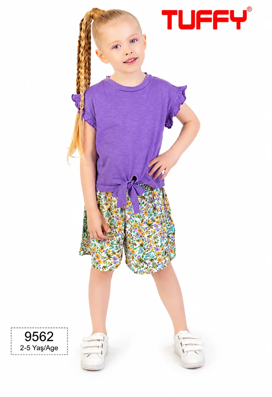 Tuffy Kids Girls Floral Top & Shorts Set – Ruffle Sleeve Tie-Front T-Shirt – 2 Pieces – Purple color option