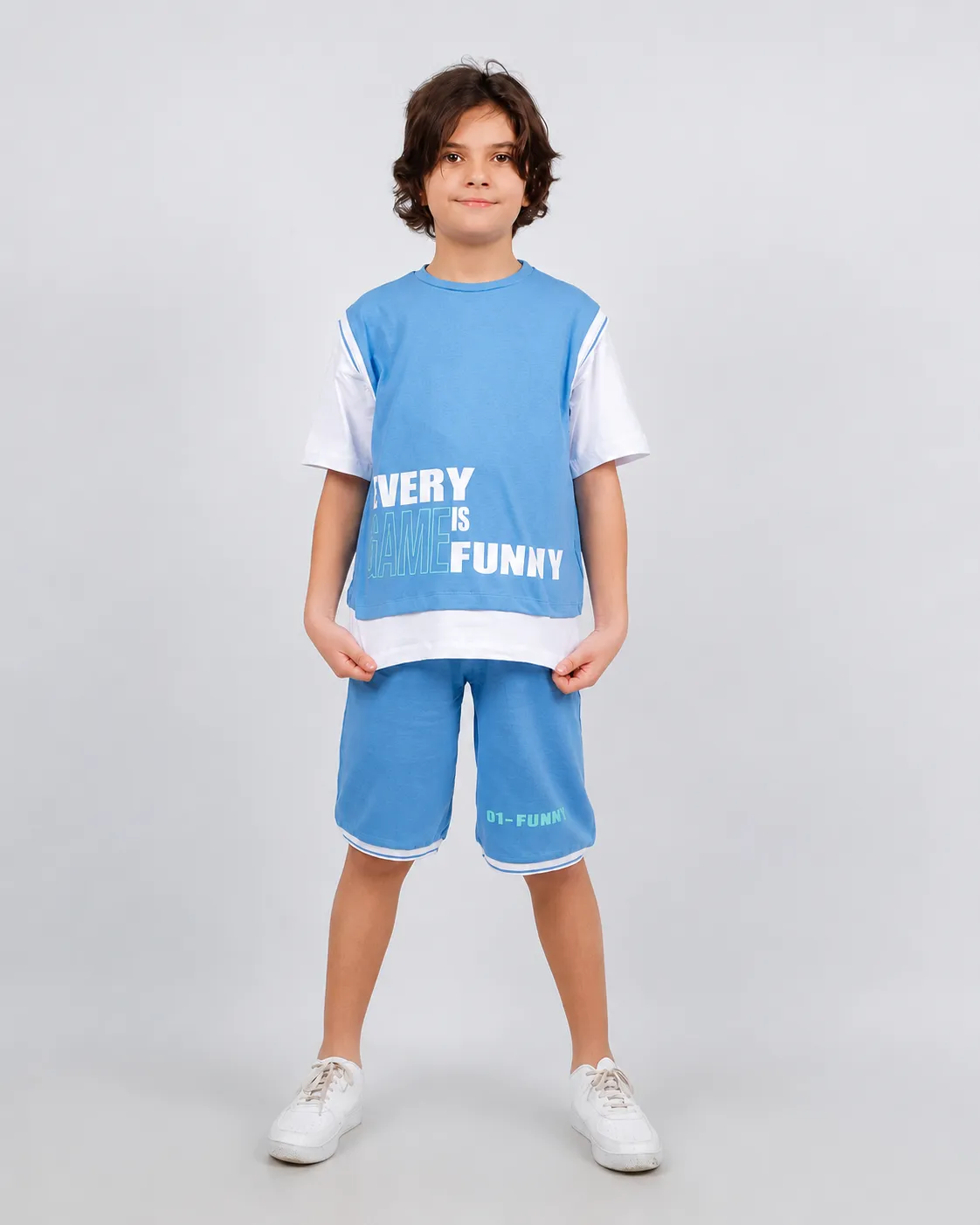 Tuffy Kids Boys Sport T-Shirt & Shorts Set – Every Game Is Funny Print – 2 Pieces – Sky Blue