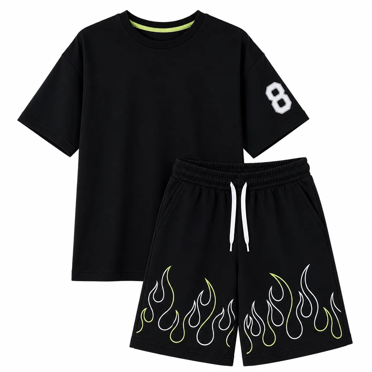 Tuffy Kids Boys T-Shirt & Shorts Set – Flame Print Design – 2 Pieces – Black