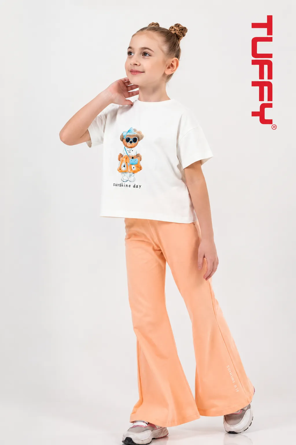 Tuffy Kids Girls Bear Print T-Shirt & Flared Pants Set – Short Sleeve – 2 Pieces – White & Peach