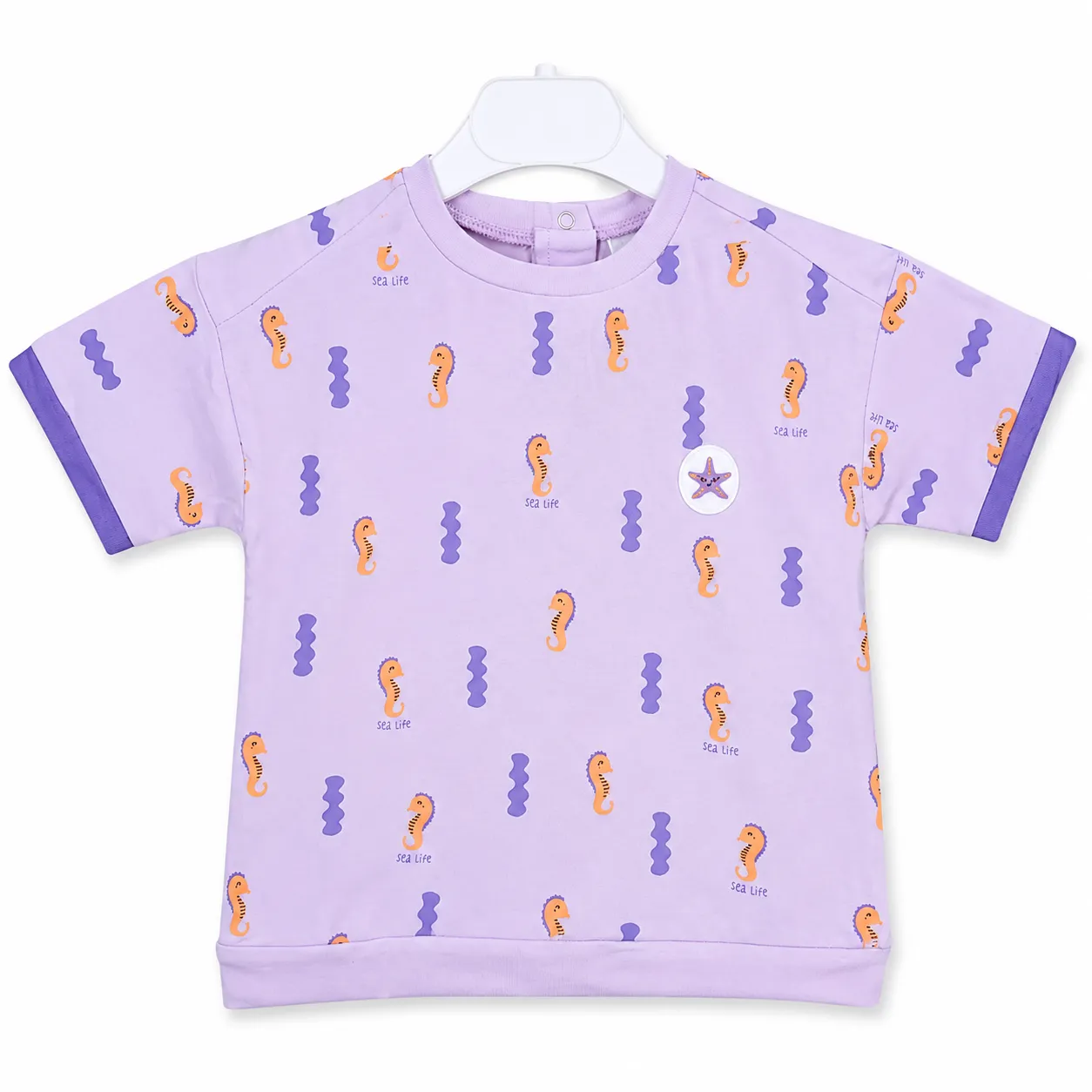 Tuffy Kids Girls Printed T-Shirt – Seahorse Pattern – Short Sleeve – purple