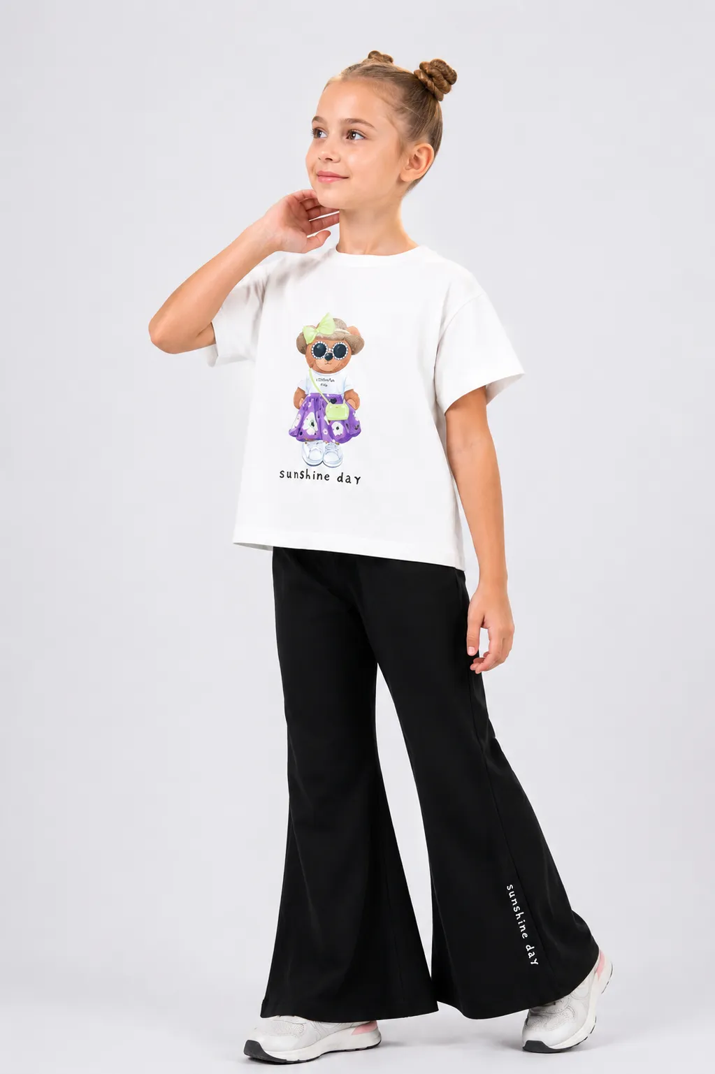 Tuffy Kids Girls Bear Print T-Shirt & Flared Pants Set – Short Sleeve – 2 Pieces – White & black