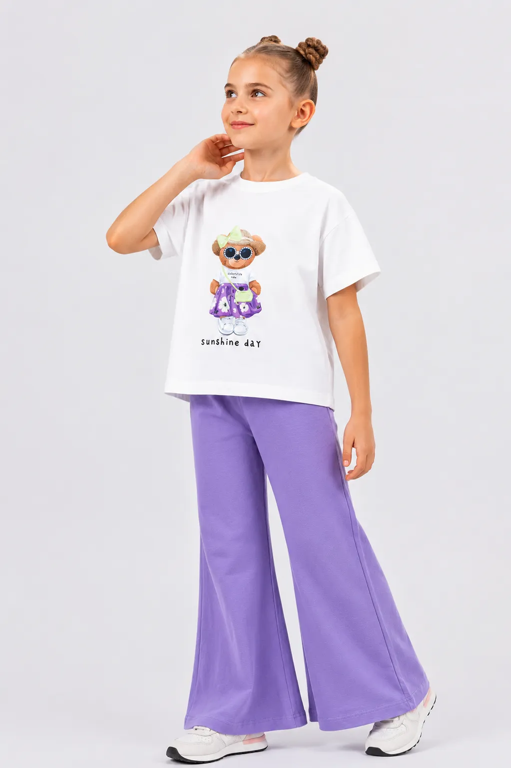 Tuffy Kids Girls Bear Print T-Shirt & Flared Pants Set – Short Sleeve – 2 Pieces – White & purple
