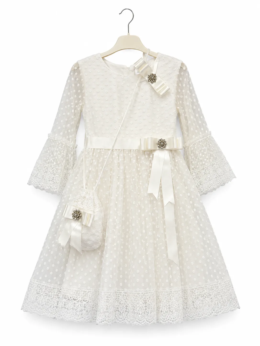 Tivido Girls Lace Dress with Belt & Crossbody Bag – Bell Sleeve – white