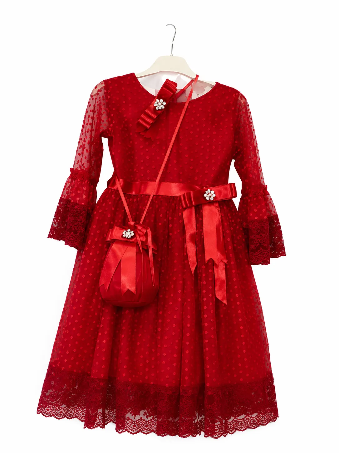 Tivido Girls Lace Dress with Belt & Crossbody Bag – Bell Sleeve – Red color option