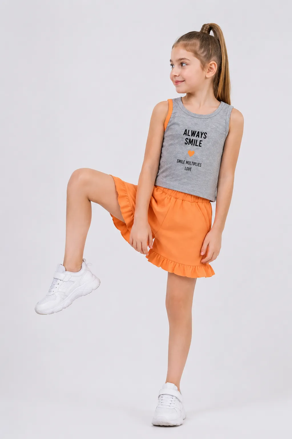 Tuffy Kids Girls Sleeveless Top & Shorts Set – Grey & orange– 2 Pieces color option