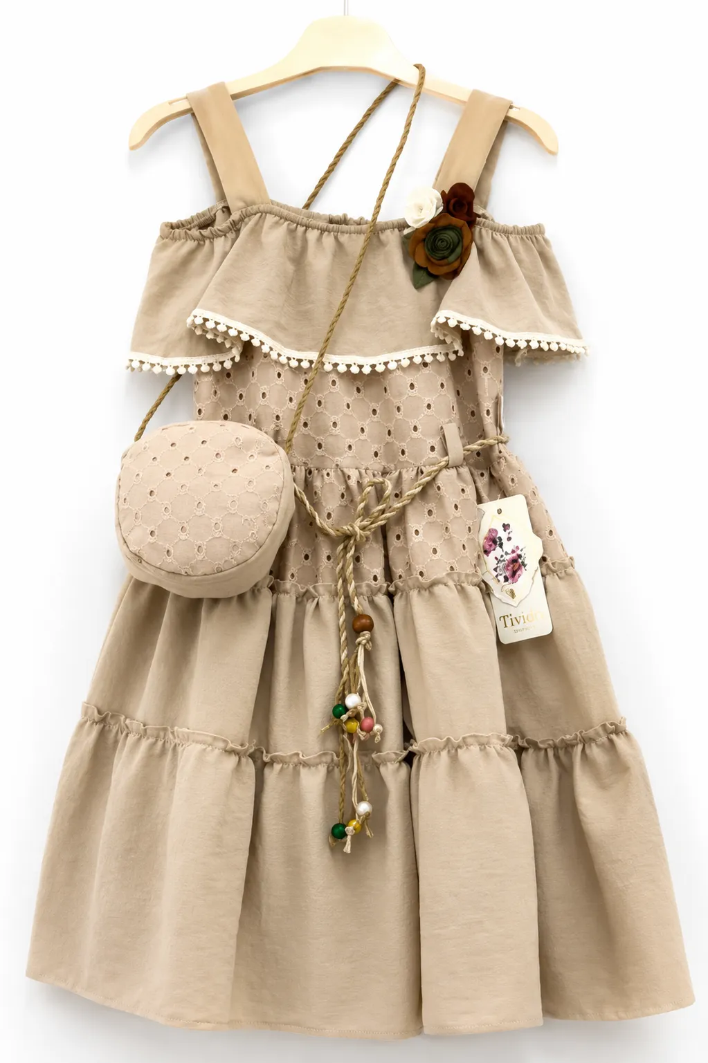 Tivido Girls Tiered Dress with Crossbody Bag – Cold Shoulder – Beige