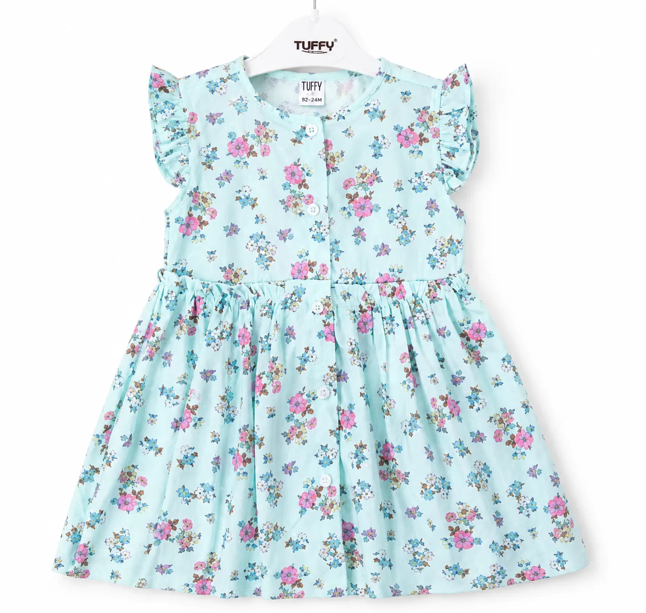 Tuffy Kids Girls Floral Dress – Short Flutter Sleeves – Button Front – blue