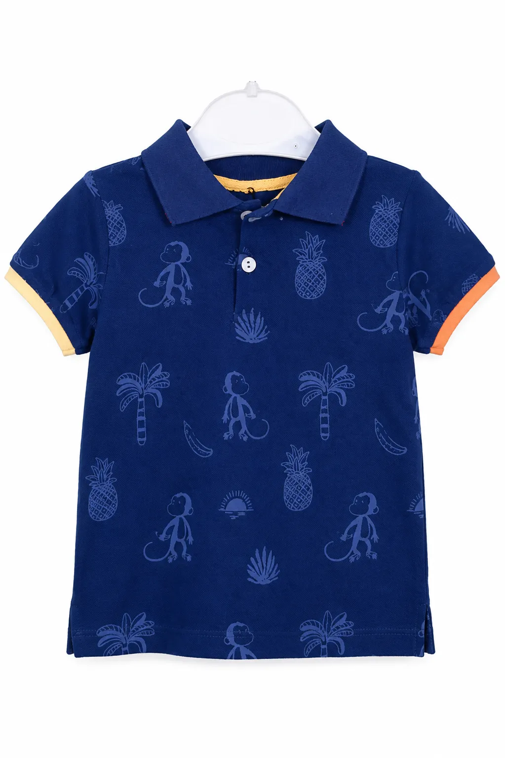 Tuffy Kids Boys Polo T-Shirt – Monkey & Tropical Print – Short Sleeve – Navy Blue