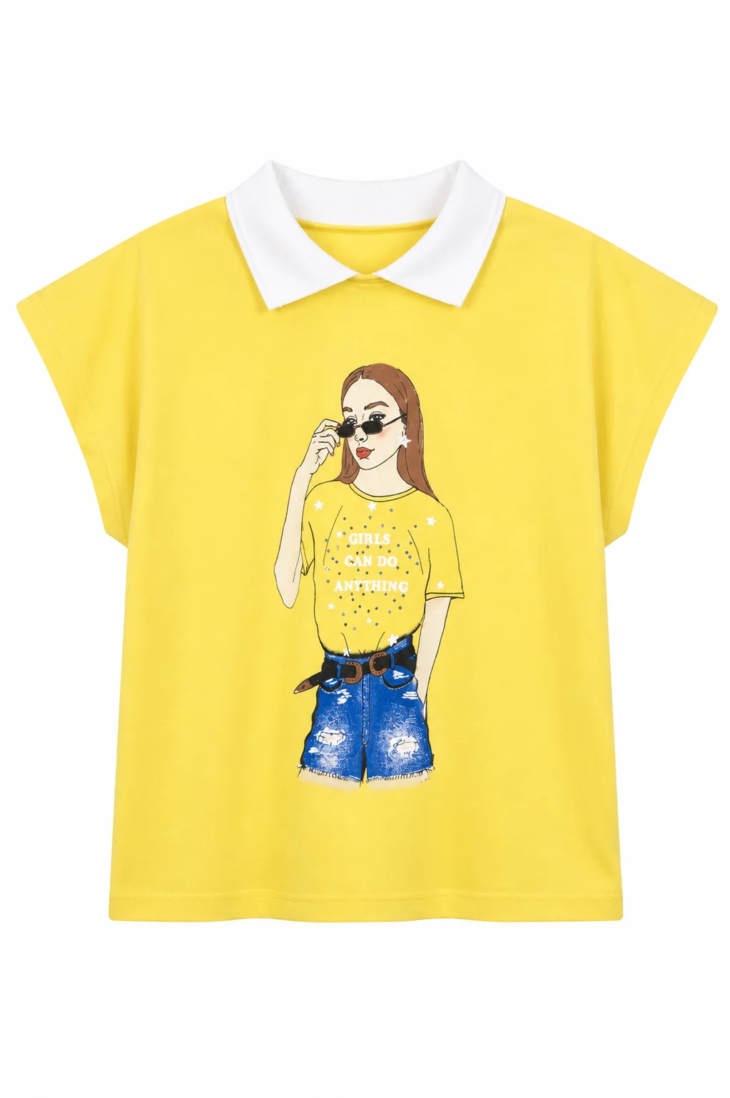 Tuffy Kids - Girls Short Sleeve T-Shirt - Girl Print Design - White Collar - Yellow