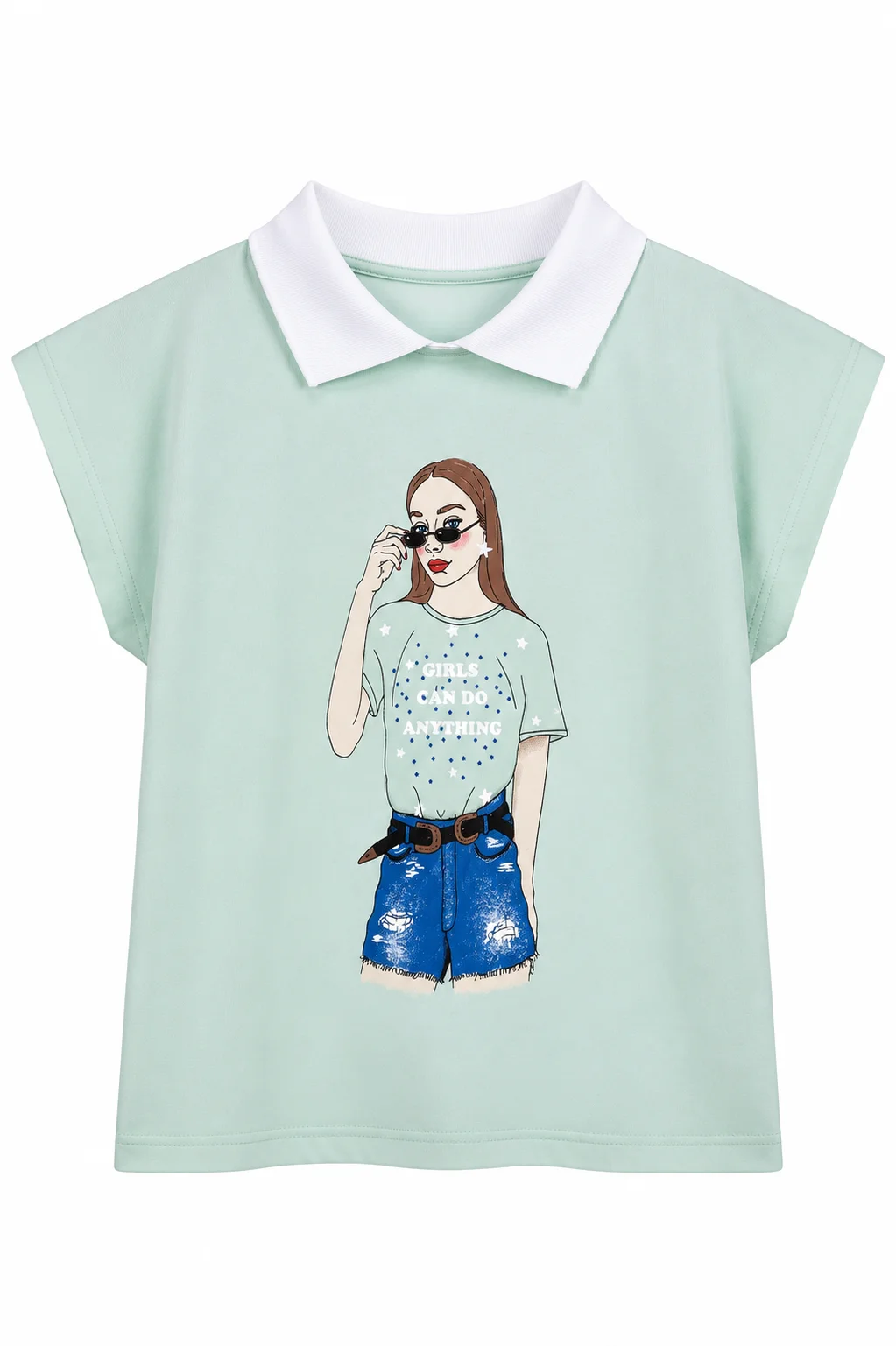 Tuffy Kids - Girls Wide Sleeve T-Shirt - Girl Print Design - White Collar - Mint Green