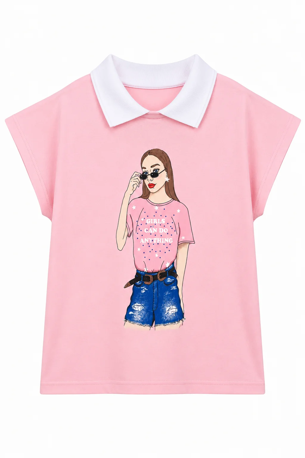 Tuffy Kids - Girls Wide Sleeve T-Shirt - Girl Print Design - White Collar - Light Pink